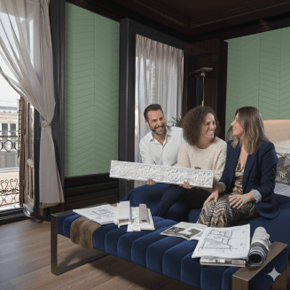 Customers holding a sample section of cornice